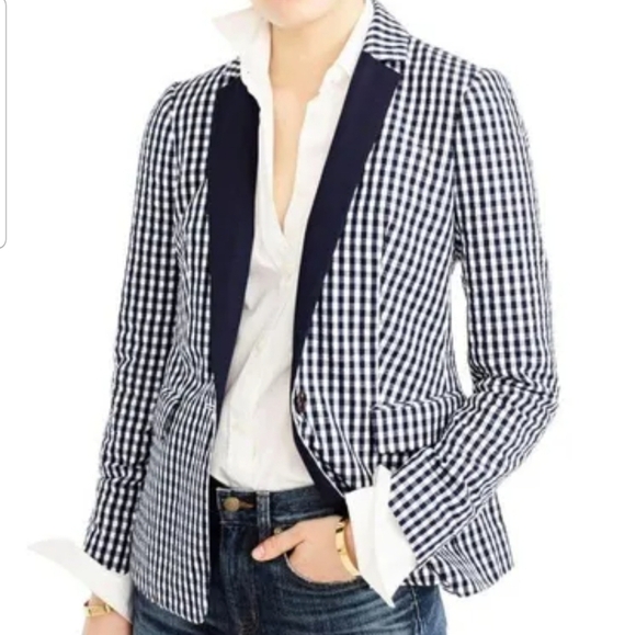 NWT J.Crew Puckered Gingham Navy White Blazer Size 0 Academia Preppy - Picture 1 of 16